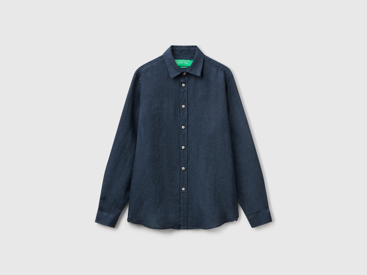 Midnight blue patterned shirt in pure linen - ucb_image_FS