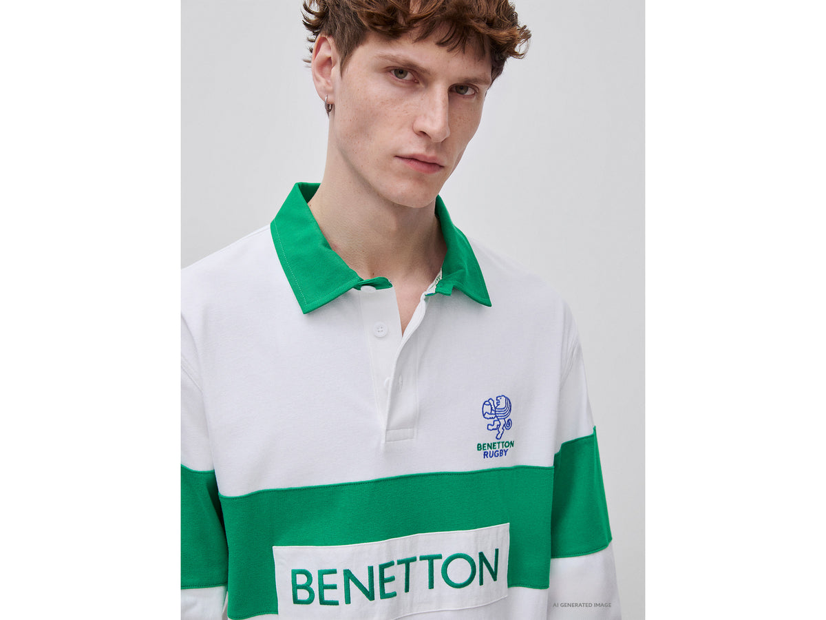 Polo branco e verde Benetton Rugby 100% algodão - ucb_image_FY