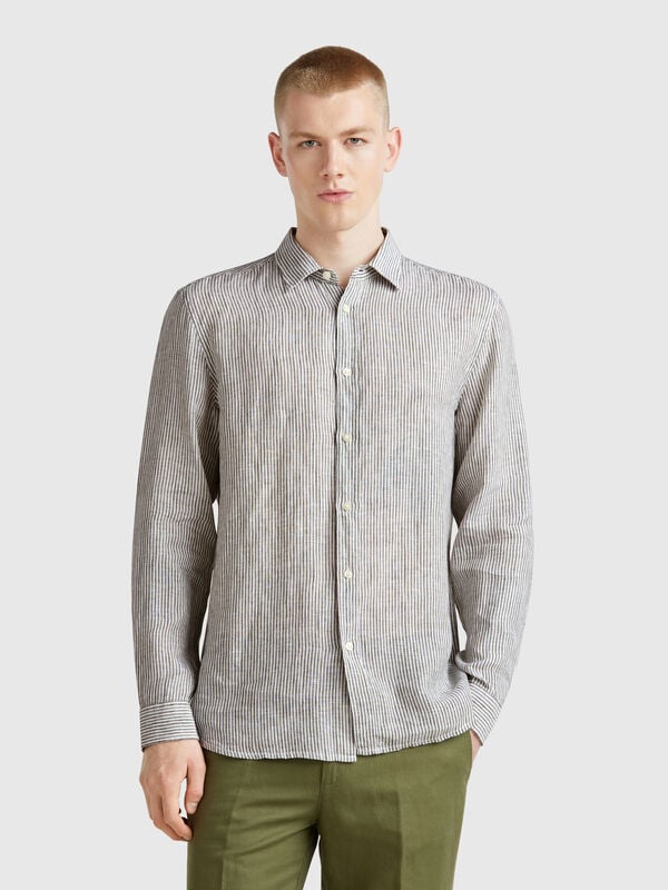 Camisa de rayas verdes y blancas en puro lino Hombre