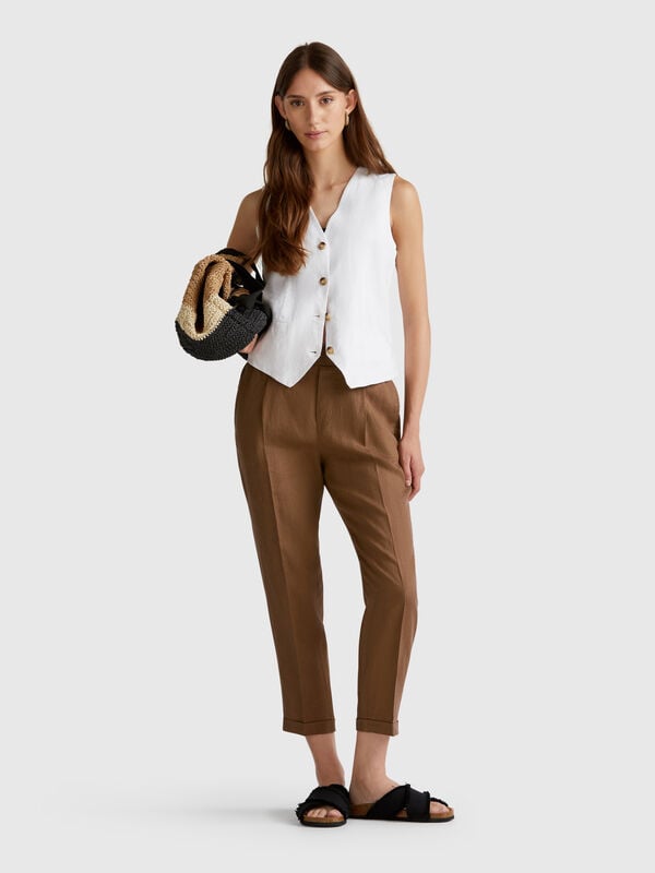 Pantalón regular fit de puro lino Mujer