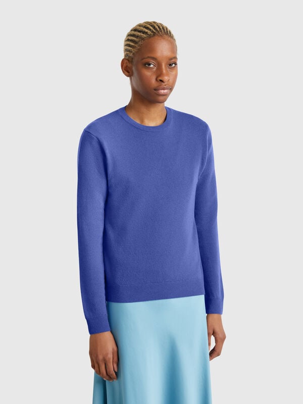 Jersey de cuello redondo azulado de lana merina Mujer