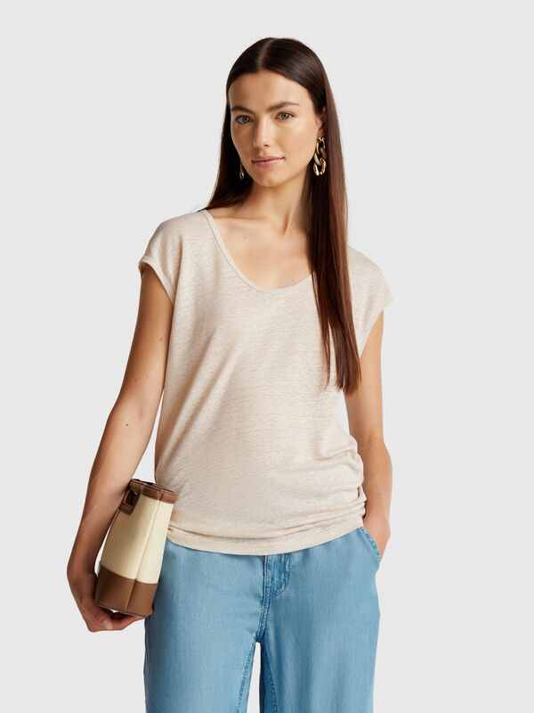Camiseta de cuello ancho en puro lino Mujer