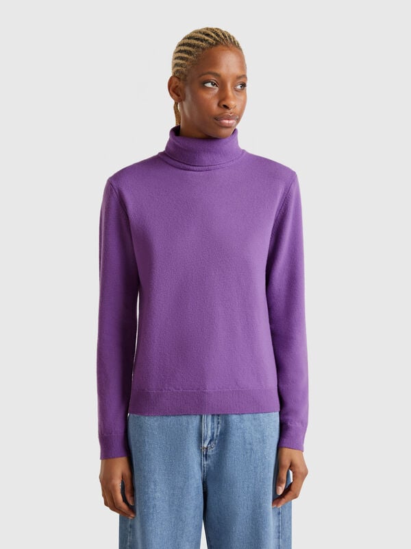 Jersey de cuello cisne morado de pura lana merina Mujer