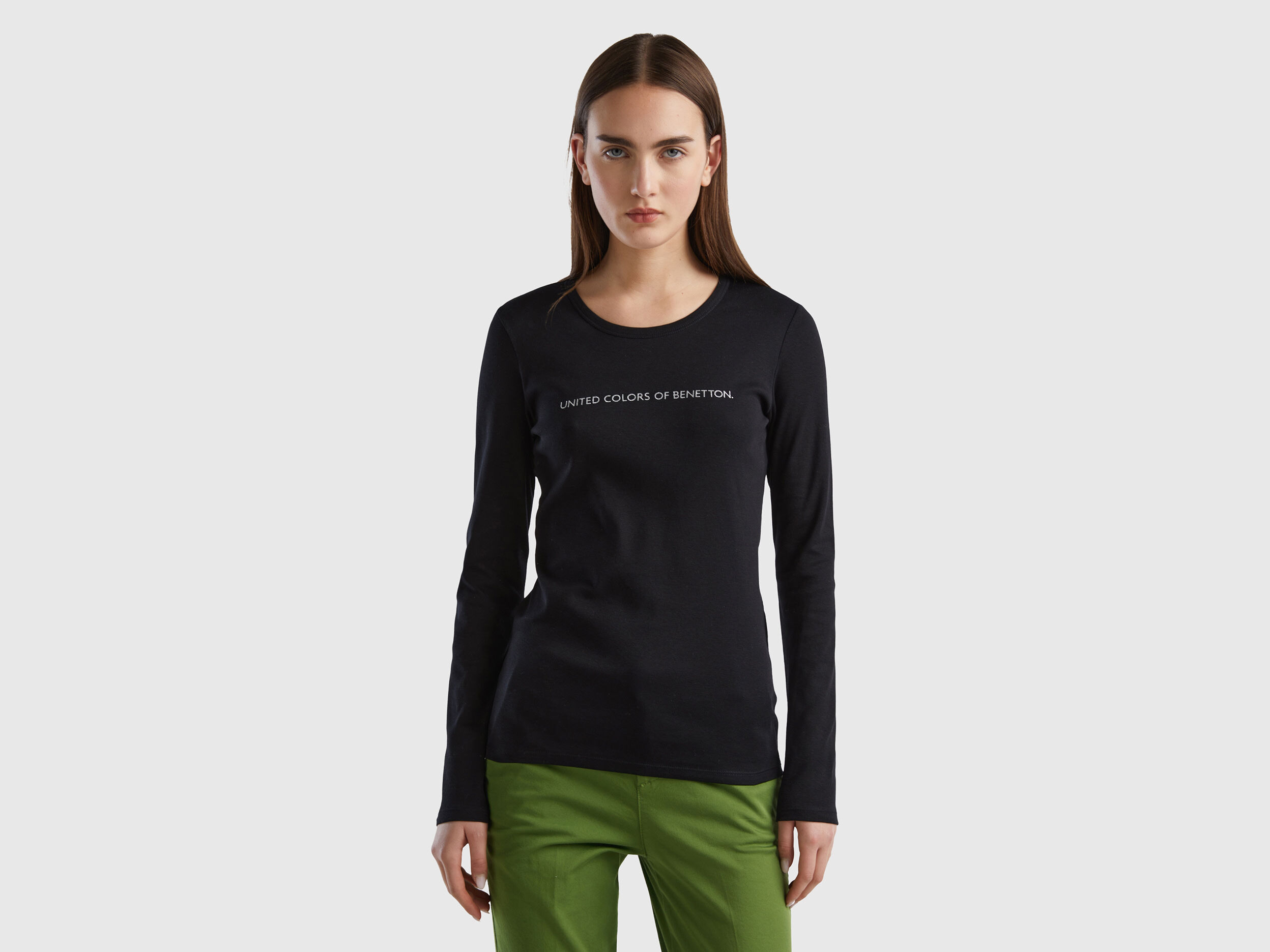 Camiseta negra de manga larga de 100 algodon Negro Benetton