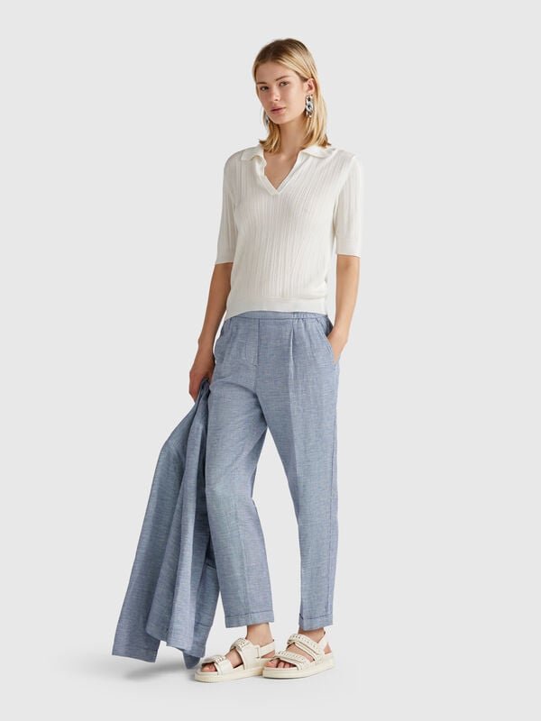 Pantalón mezcla lino cuadros Mujer