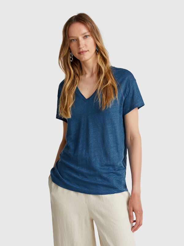 Camiseta con cuello de pico en puro lino Mujer
