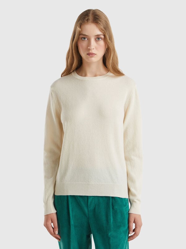 Jersey de cuello redondo color crema de lana Merina Mujer