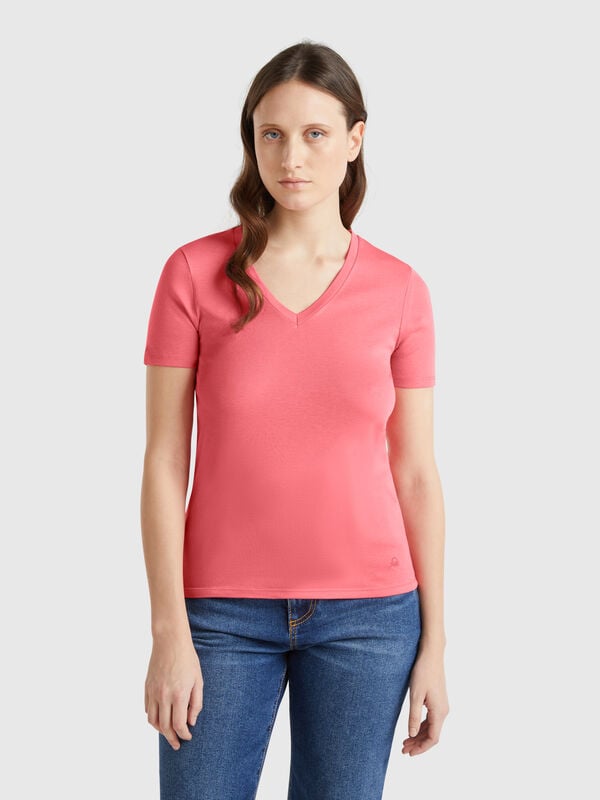 Camiseta fucsia de algodón puro con escote de pico Mujer
