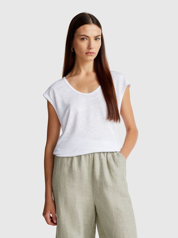 Camiseta de cuello ancho en puro lino Mujer