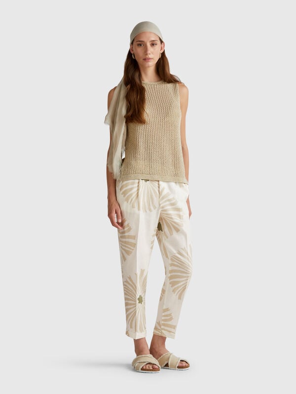Pantalón lino estampado Mujer