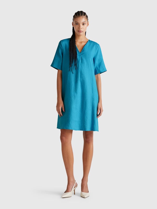 Vestido de manga corta en puro lino Mujer