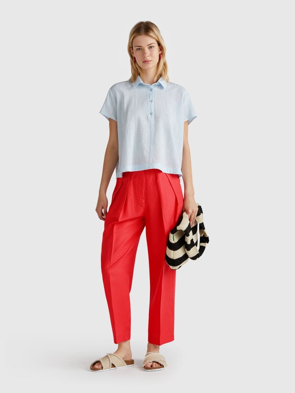 Pantalón ancho mezcla lino Mujer