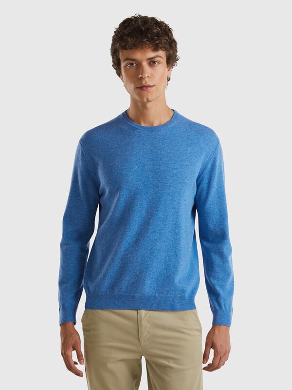 Suéter de cuello redondo en azul jaspeado de pura lana merino Hombre