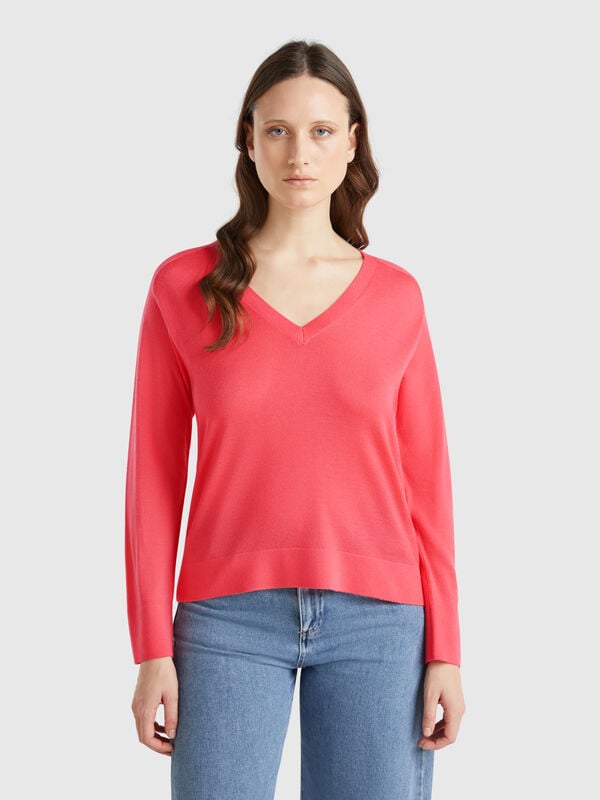 Jersey con cuello de pico en pura lana Merino Mujer