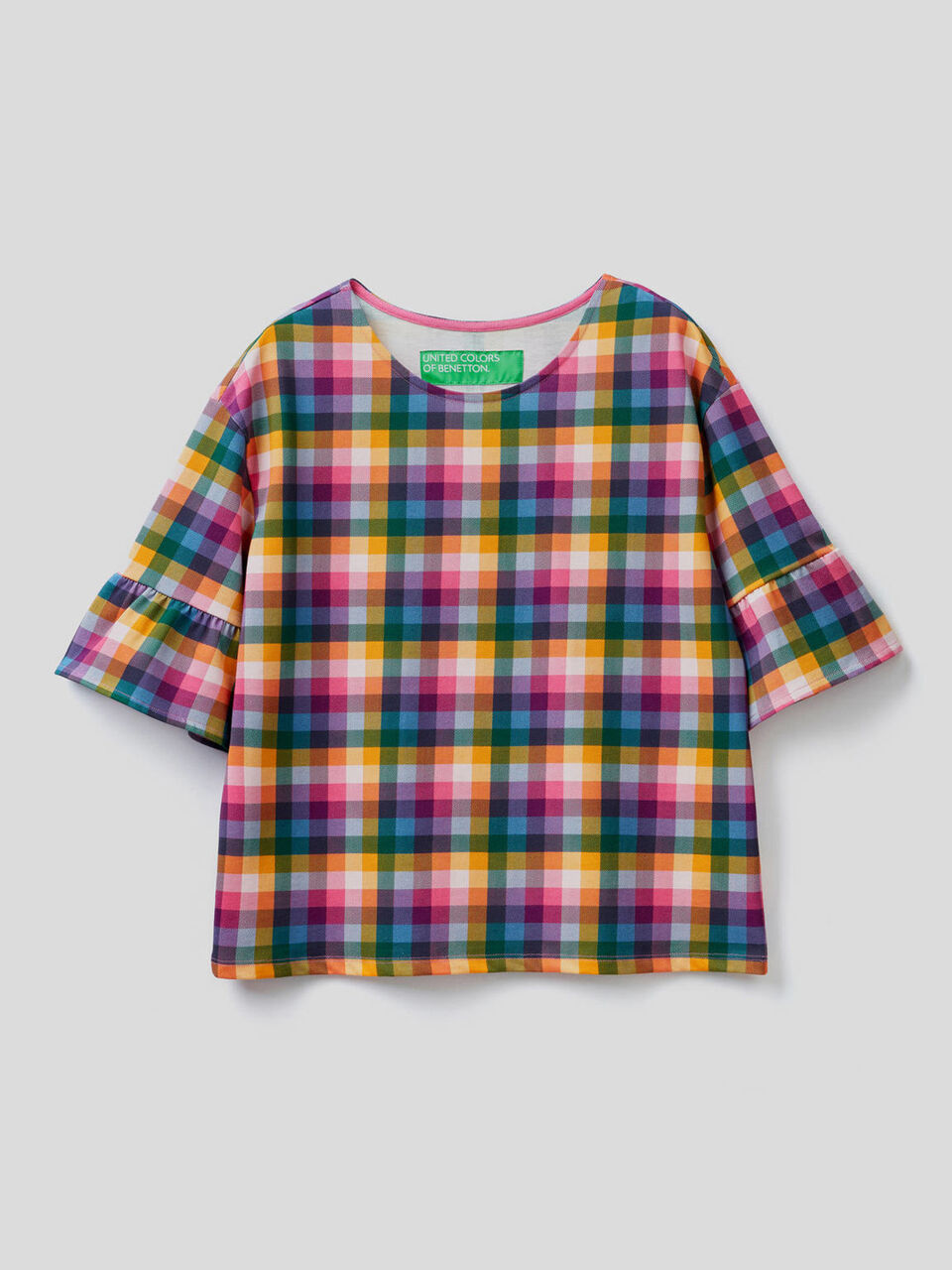 Camiseta de cuadros con volantes en las mangas image number 1