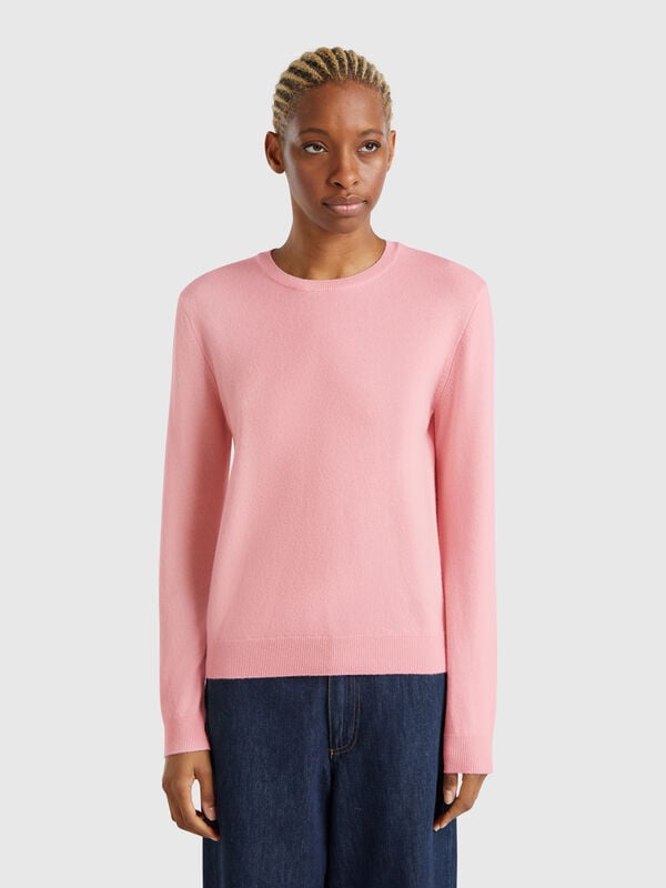 Jersey de cuello redondo rosa empolvado de lana merina Mujer