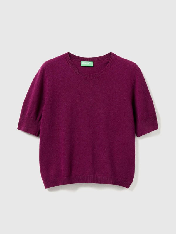 Suéter morado de manga corta en pura lana merino Mujer