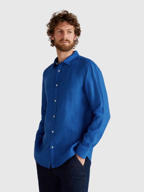 Camisa azul de puro lino Hombre