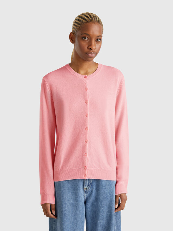 Cárdigan de cuello redondo rosa empolvado de pura lana merina Mujer