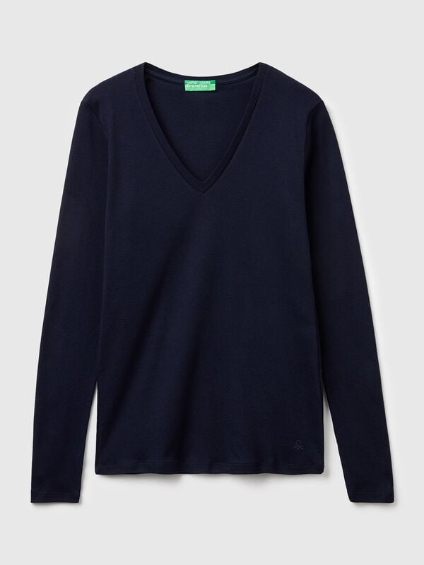Camiseta azul oscuro con cuello en V Camiseta azul oscuro con cuello en V Mujer