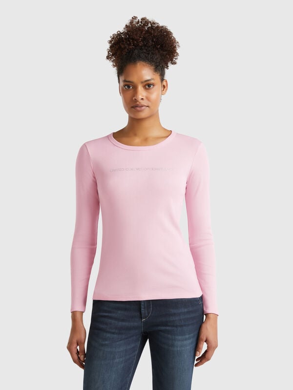 Camiseta rosa de manga larga de 100 % algodón Mujer