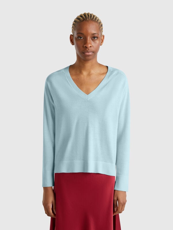 Jersey con cuello de pico en pura lana Merino Mujer