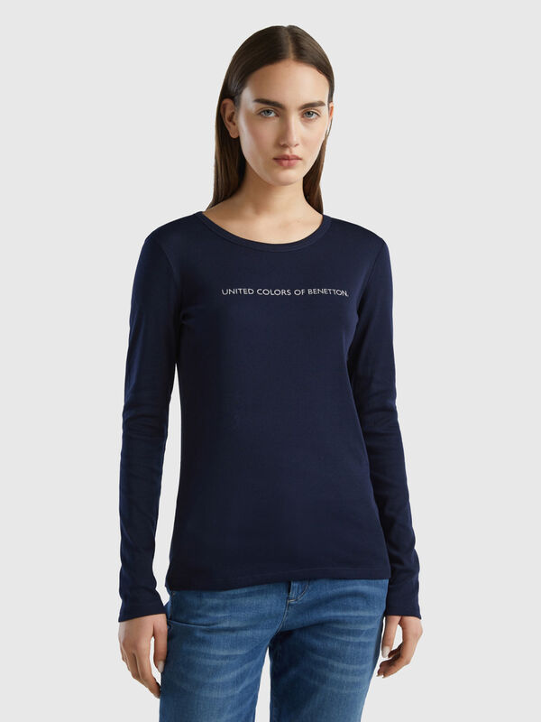 Camiseta de manga larga de 100 % algodón azul oscuro Mujer