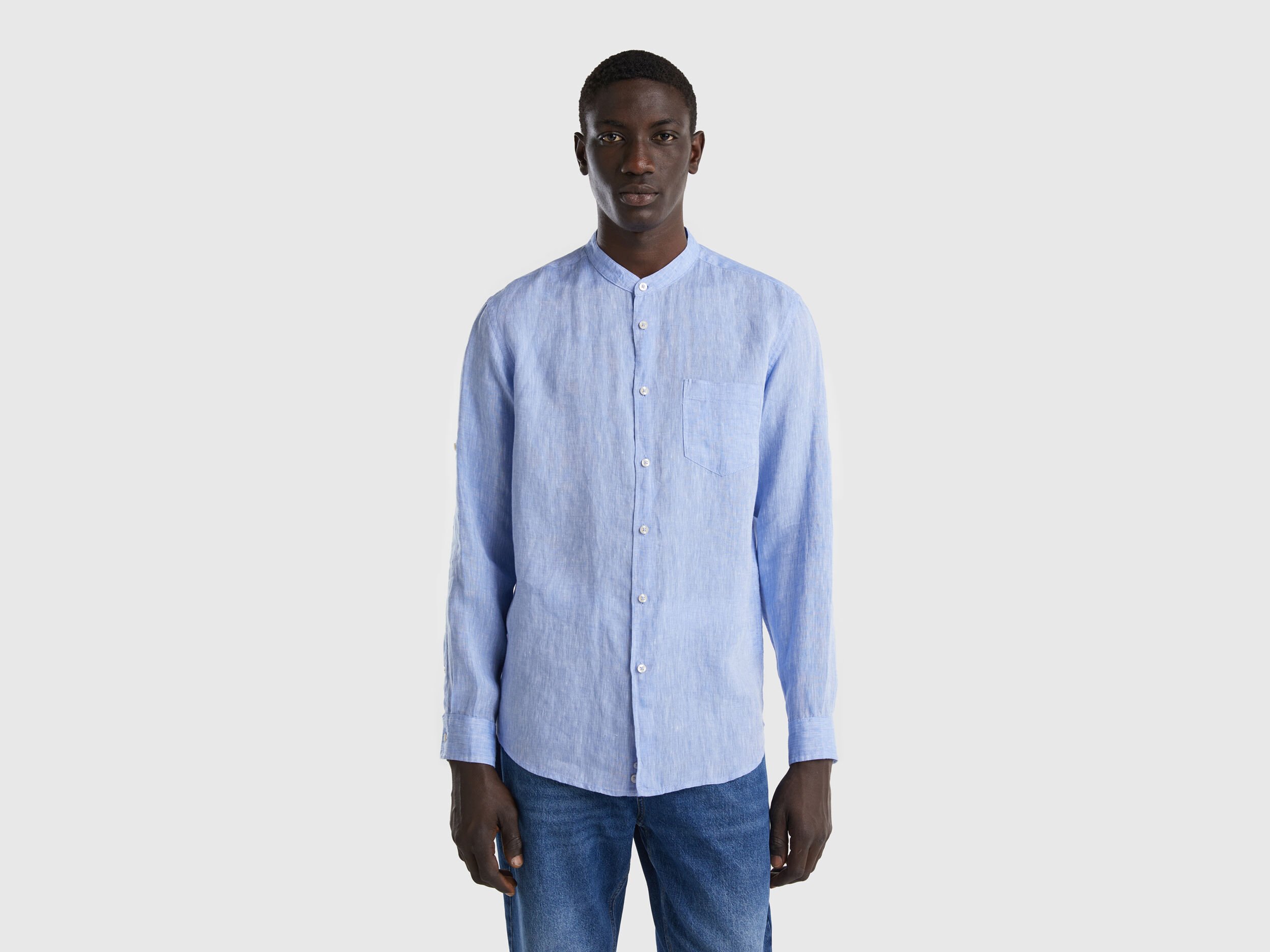 Camisa de lino con cuello mao Azul Benetton