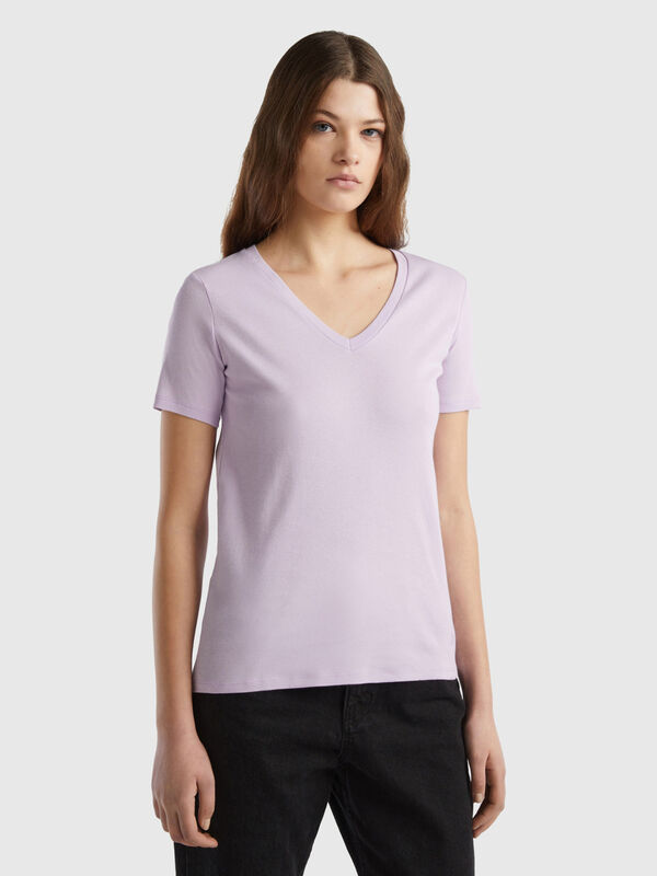 Camiseta de algodón puro con escote de pico Mujer