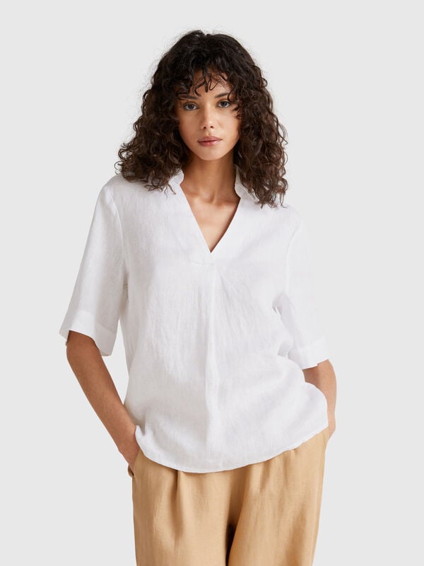 Blusa de manga corta en puro lino Mujer