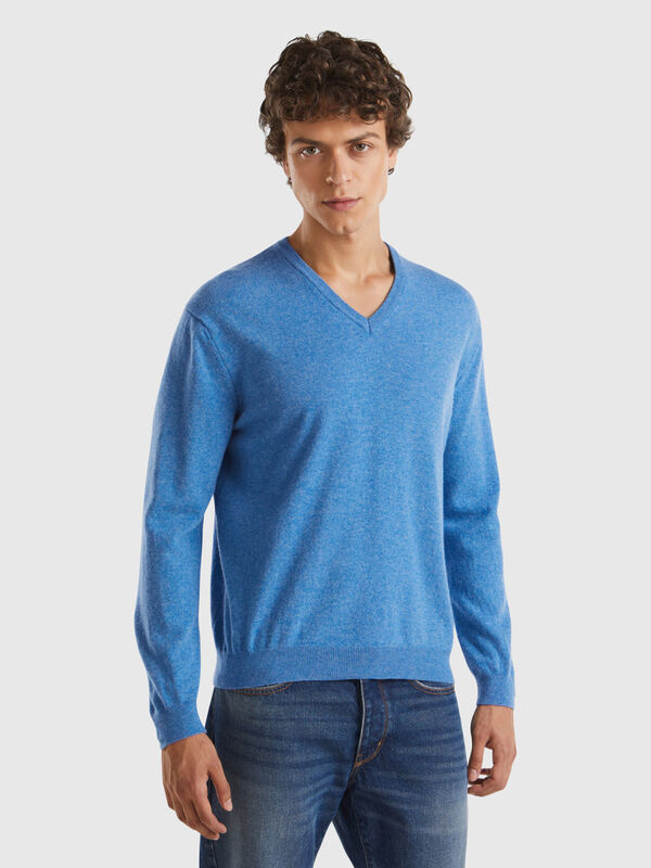 Jersey cuello en V azul jaspeado en pura lana merina Hombre