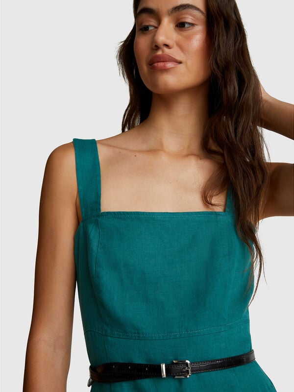 Vestido de escote cuadrado en puro lino Mujer