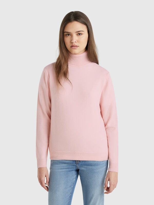 Jersey de cuello cisne rosa empolvado de pura lana merina Mujer