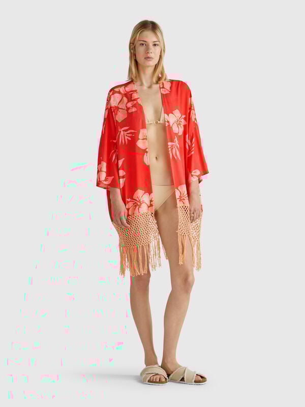 Jersey kimono con estampado floral Mujer