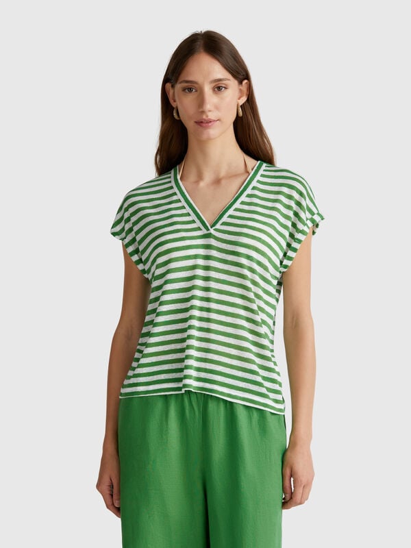Camiseta mezcla de lino a rayas Mujer