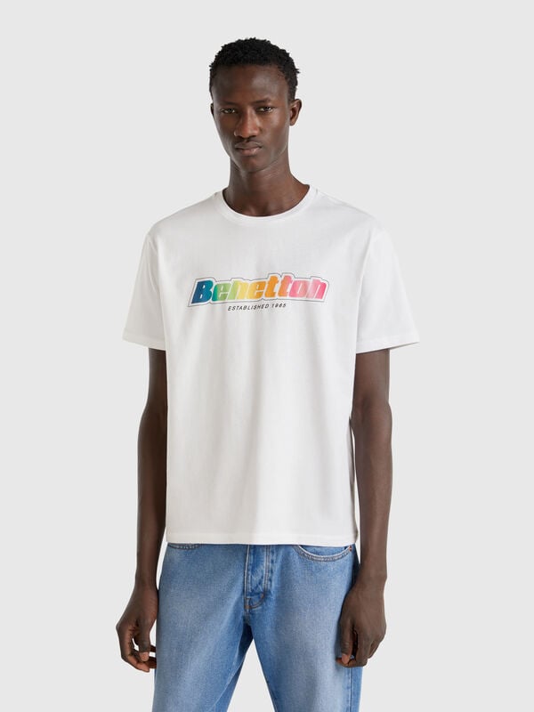 Camiseta blanca de algodón con logo multicolor Hombre