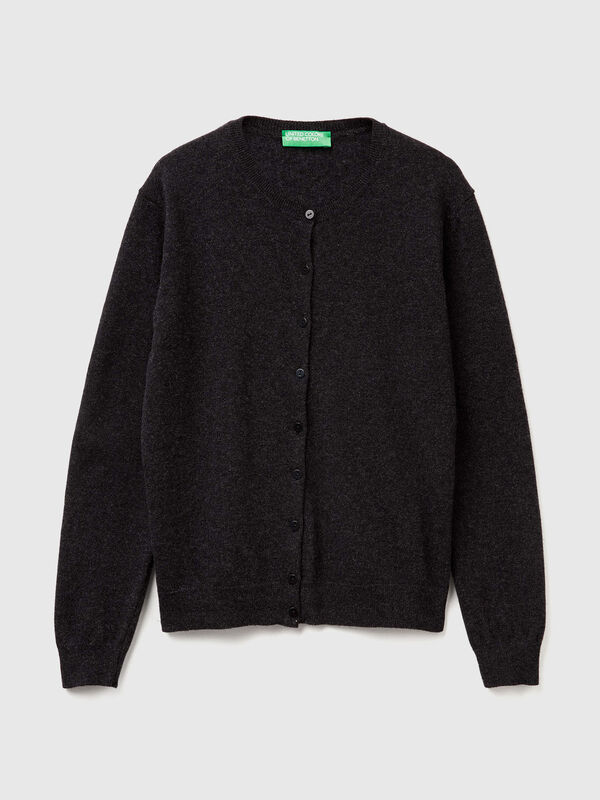 Cárdigan de cuello redondo gris oscuro en pura lana merino Cárdigan de cuello redondo gris oscuro en pura lana merino Mujer