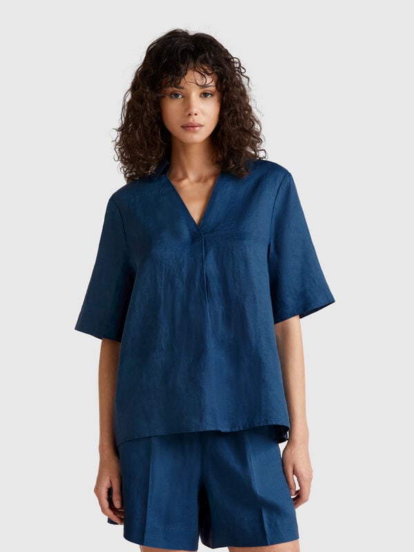 Blusa de manga corta en puro lino Mujer