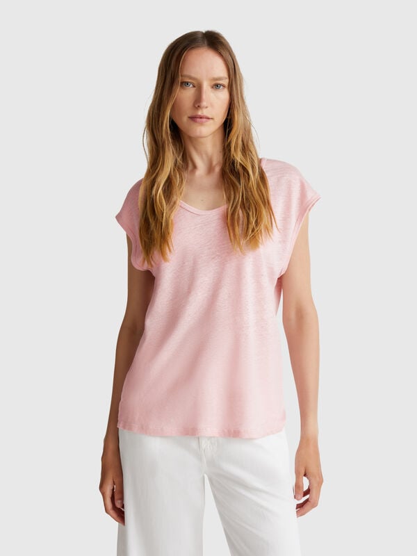 Camiseta de cuello ancho en puro lino Mujer