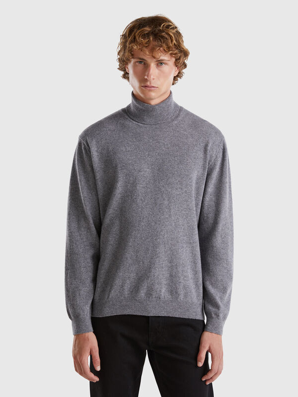 Jersey de cuello cisne gris oscuro de pura lana merina Hombre