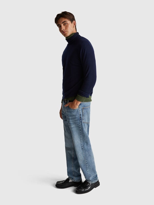 Jersey de cuello alto azul oscuro de pura lana merino Hombre
