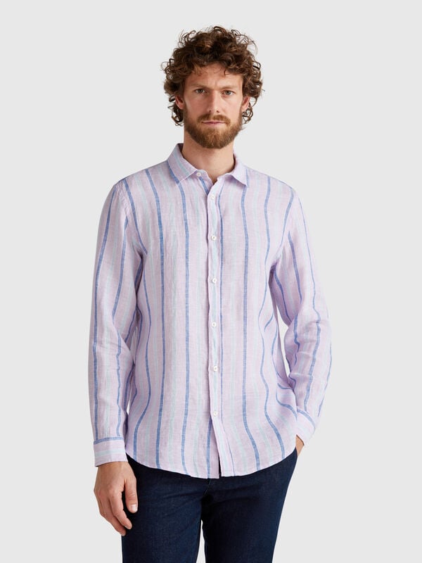 Camisa lila de rayas en puro lino Hombre