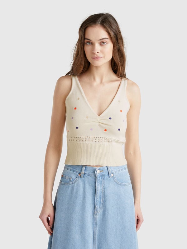 Camiseta de tirantes de punto con bordado de flores Mujer