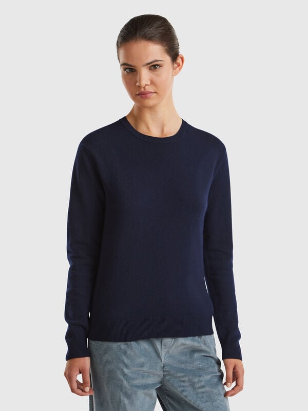 Suéter azul oscuro de cuello redondo en pura lana merino Mujer