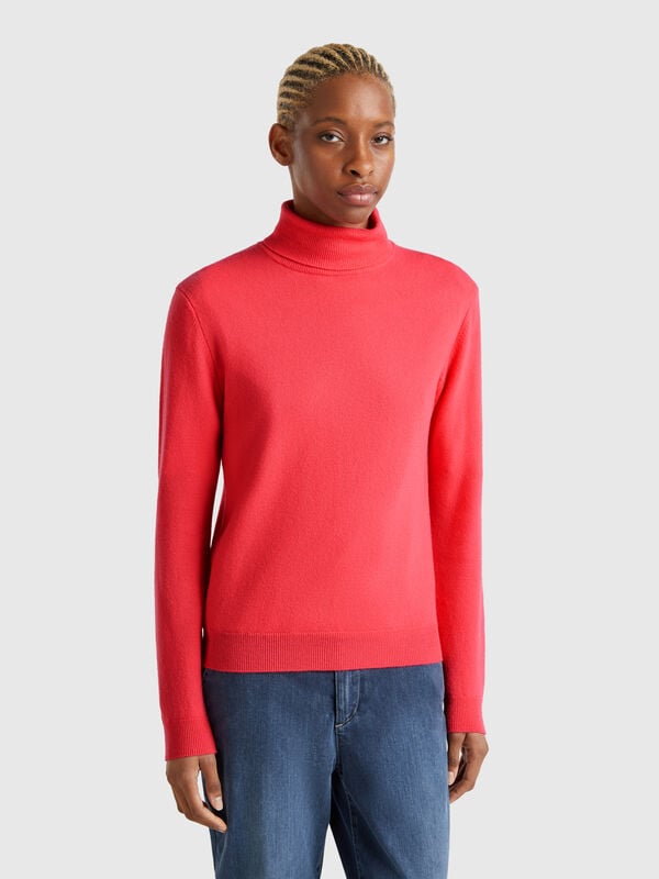 Jersey de cuello cisne ciclamen de pura lana merina Mujer