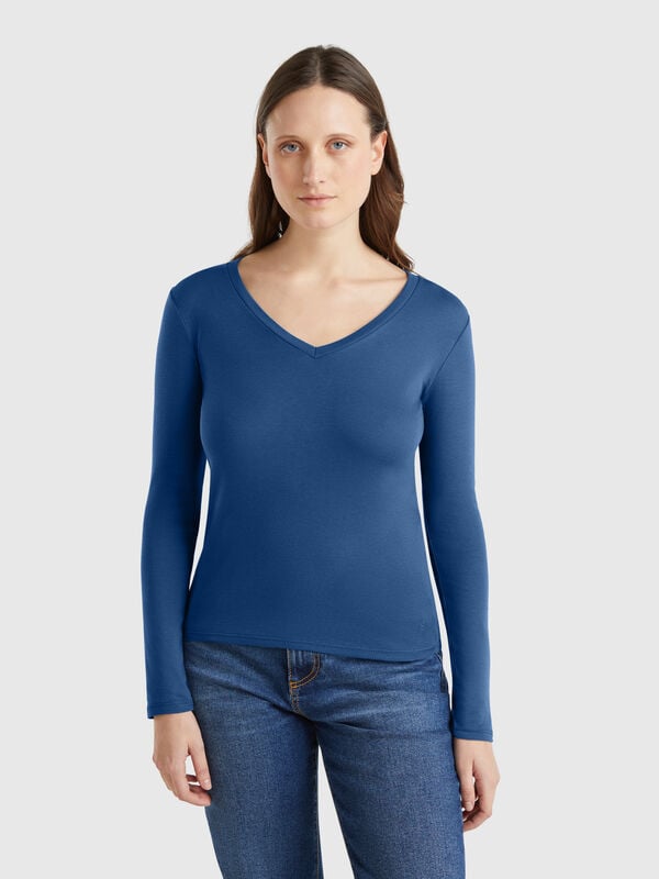 Camiseta de manga larga con cuello en V Mujer