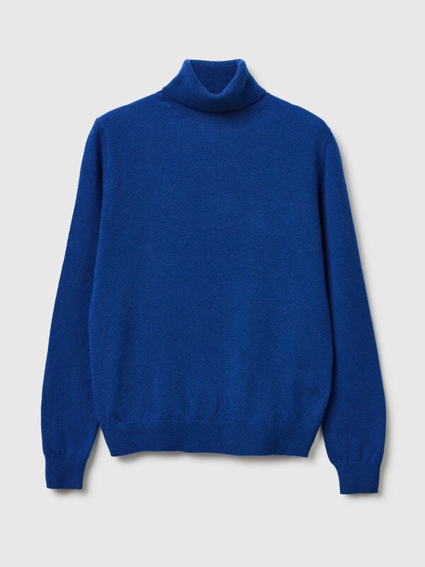 Suéter azul de cuello alto en pura lana merino Mujer