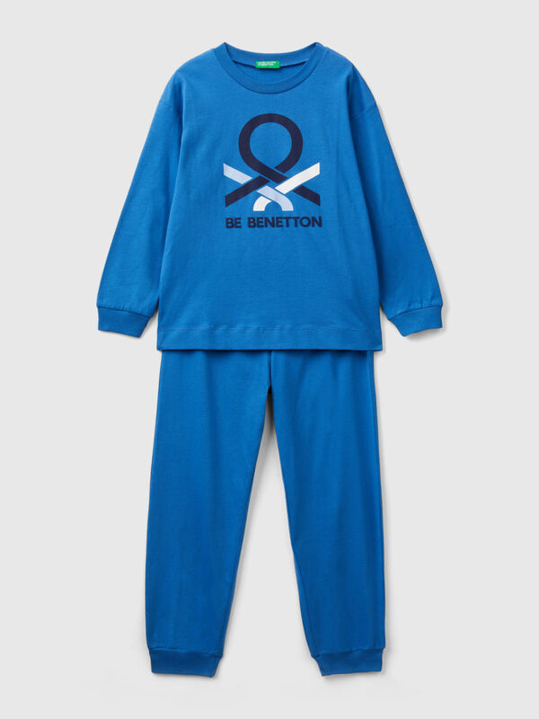Pijama largo azul oscuro con estampado de logotipo Niño