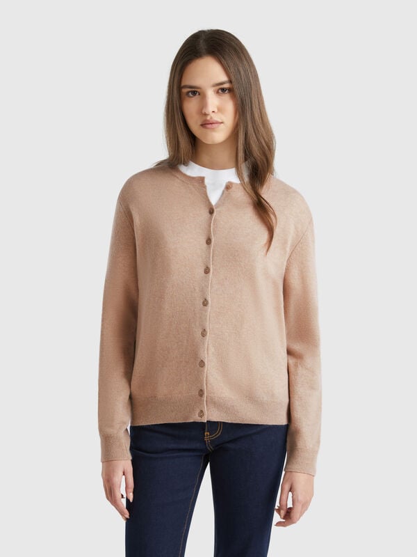 Cárdigan beige de cuello redondo de pura lana merina Mujer