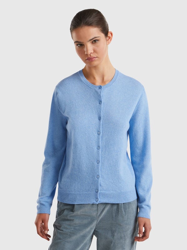 Cárdigan de cuello redondo azul claro en pura lana merino Mujer